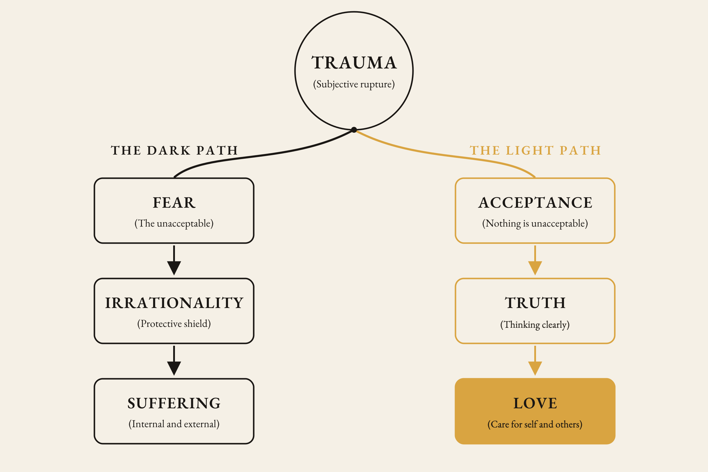 The Trauma Logic Chain diagram. One wound, two paths. The Dark Path: fear, irrationality, suffering. The Light Path: acceptance, truth, love.